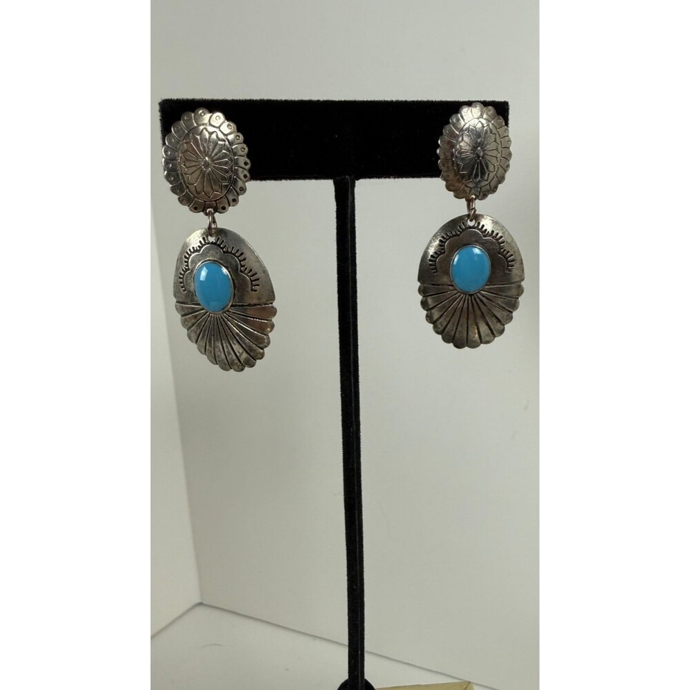 Vintage Southwestern Style Silver Tone Dangle Earrings Blue Cabochon